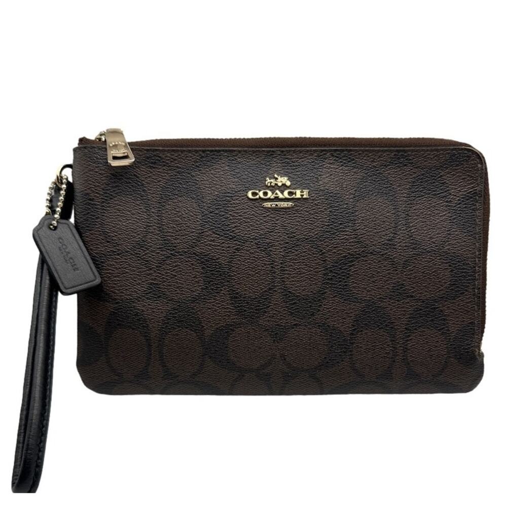 COACH Brown Signature Coated Canvas Double Zipper Wristlet